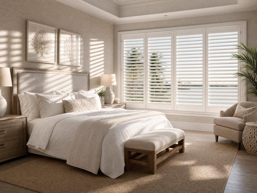 Custom poly plantation shutters in Belleair estate bedroom