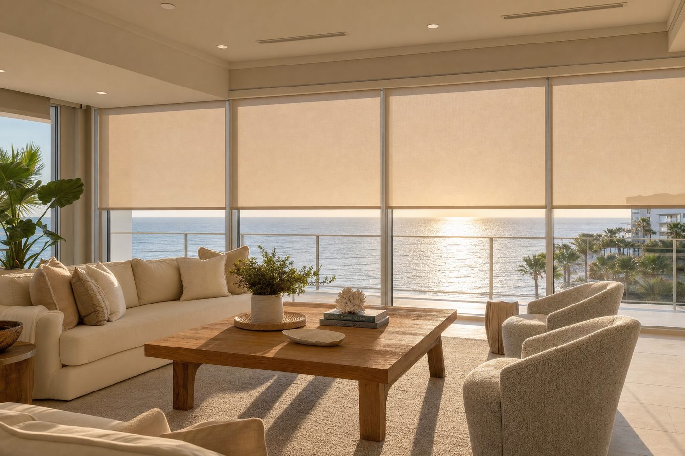 Hunter Douglas solar shades in Clearwater Beach waterfront living room