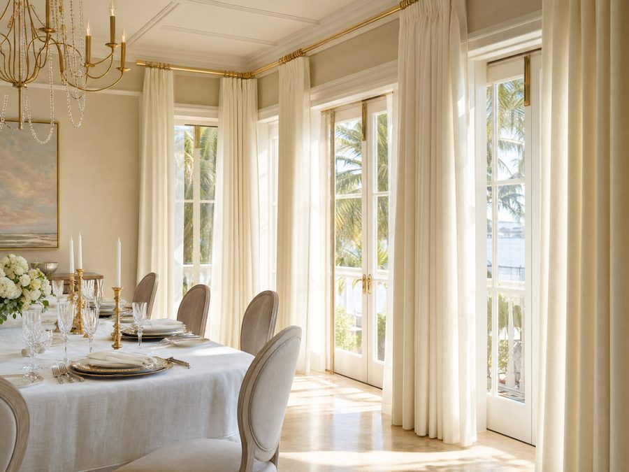 Custom linen floor to ceiling drapery in Island Estates Clearwater home