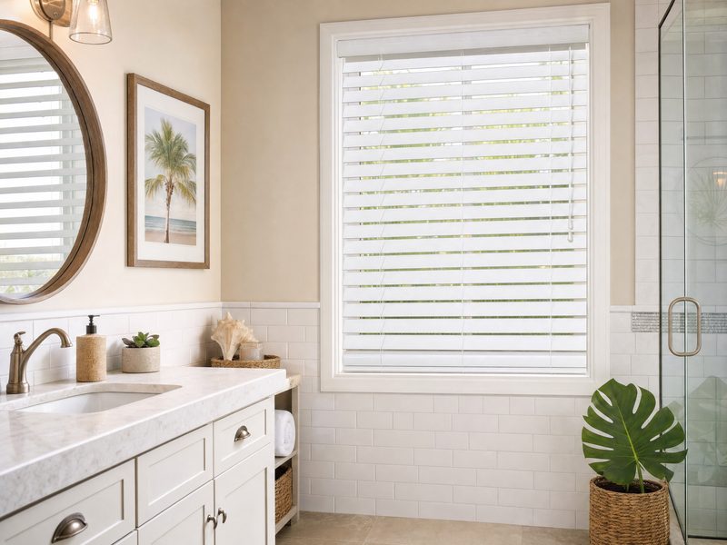 Moisture resistant faux wood blinds for Florida bathrooms and kitchens